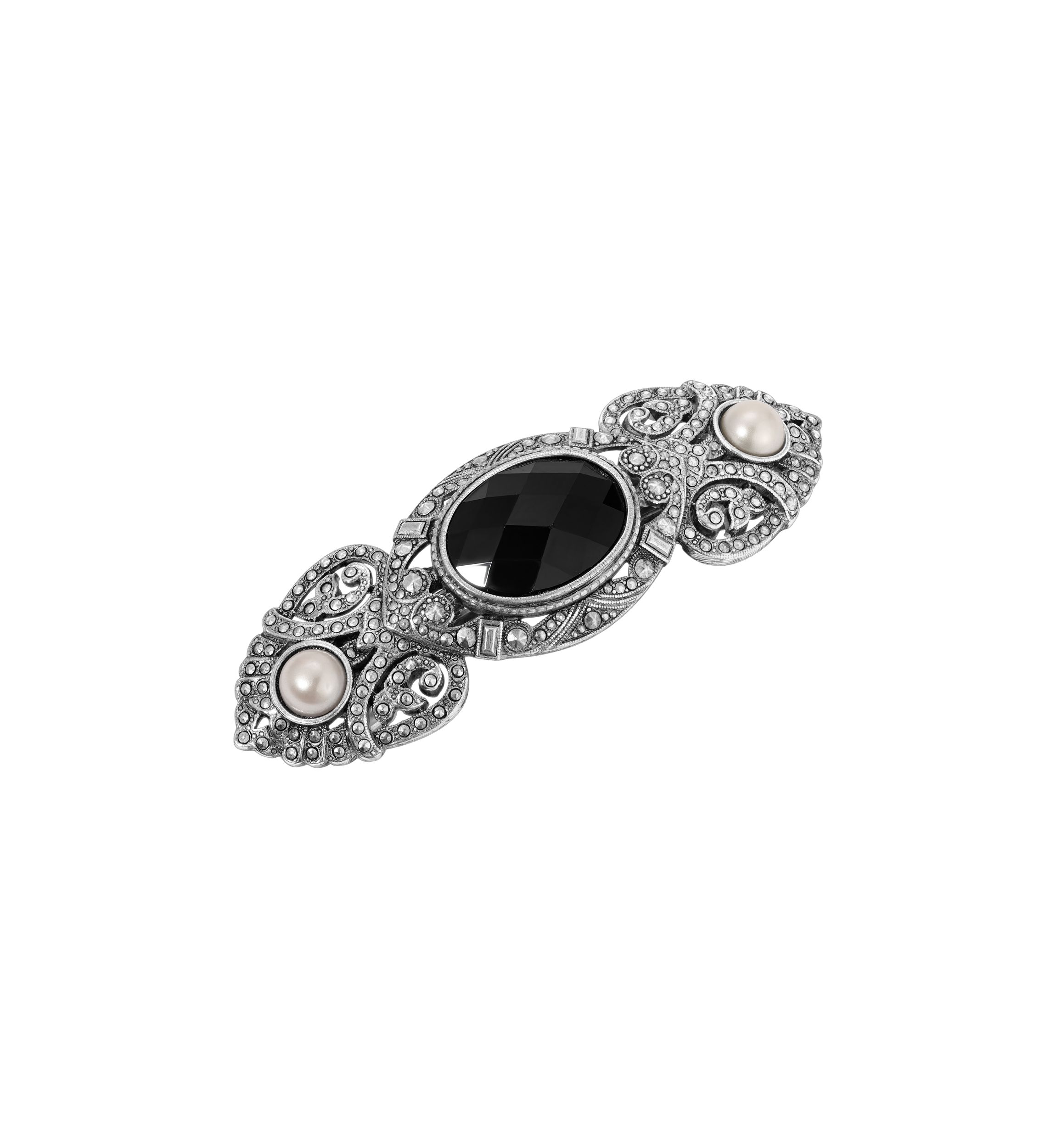 Silver Tone Black Oval Gls Hair Barrette