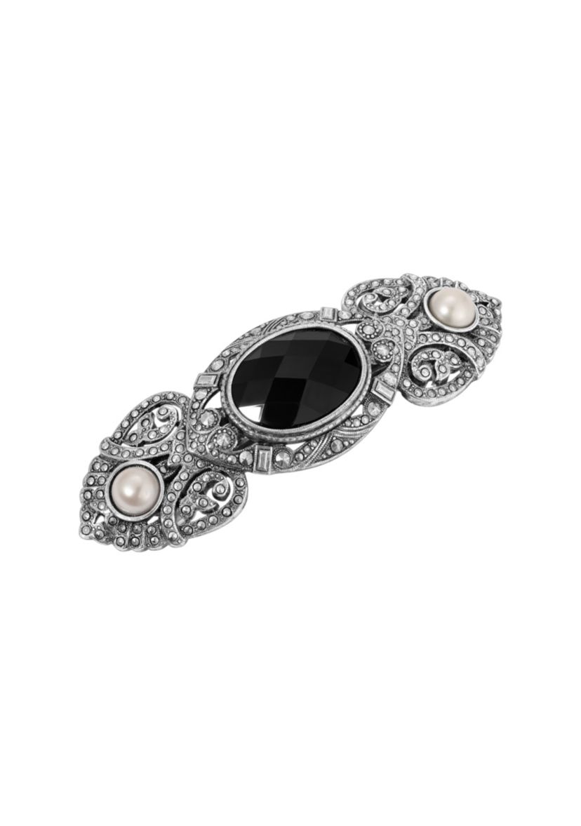 Silver Tone Black Oval Gls Hair Barrette