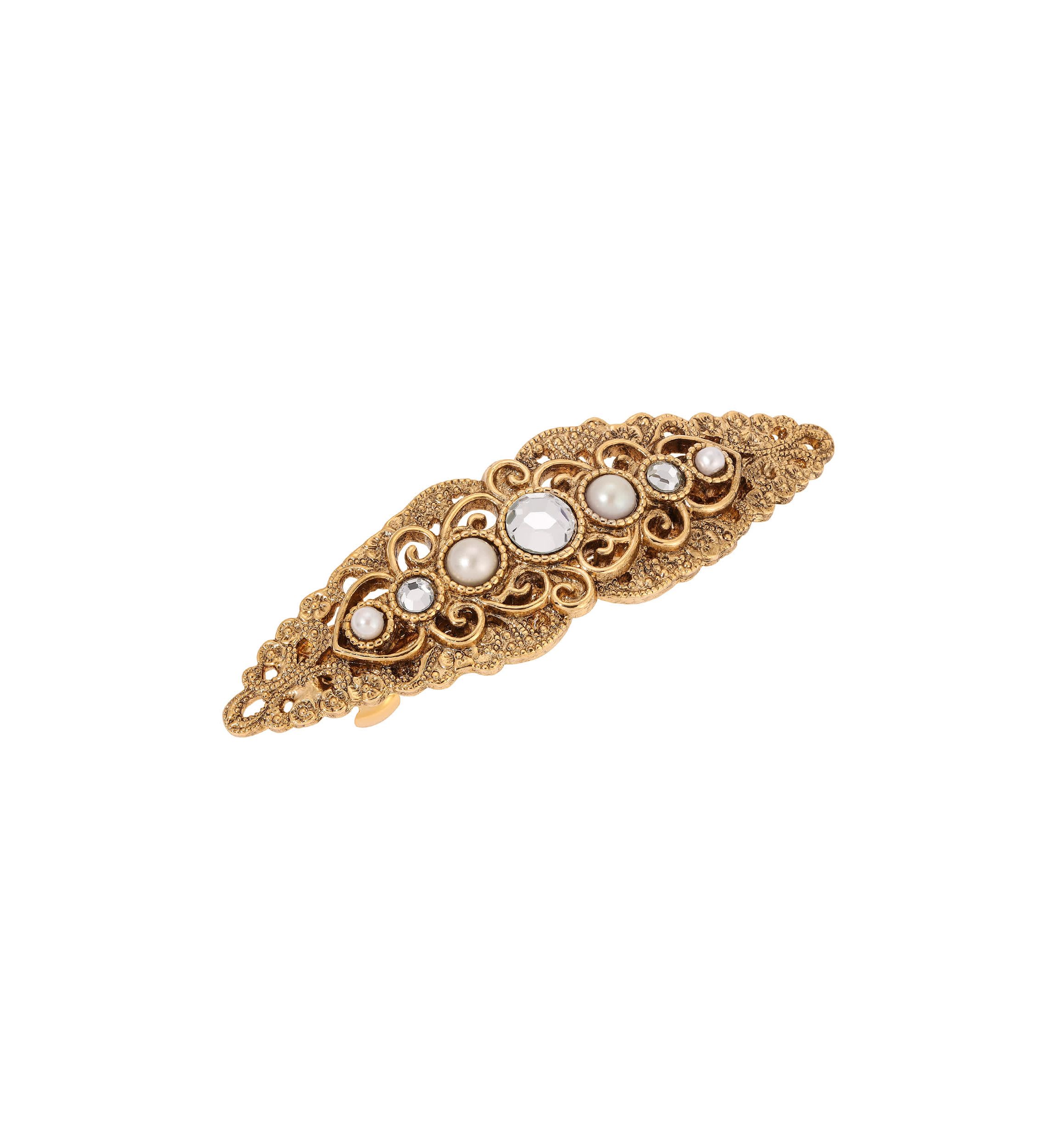 Gold Tone Crystal Fx Pearl Hair Barrette