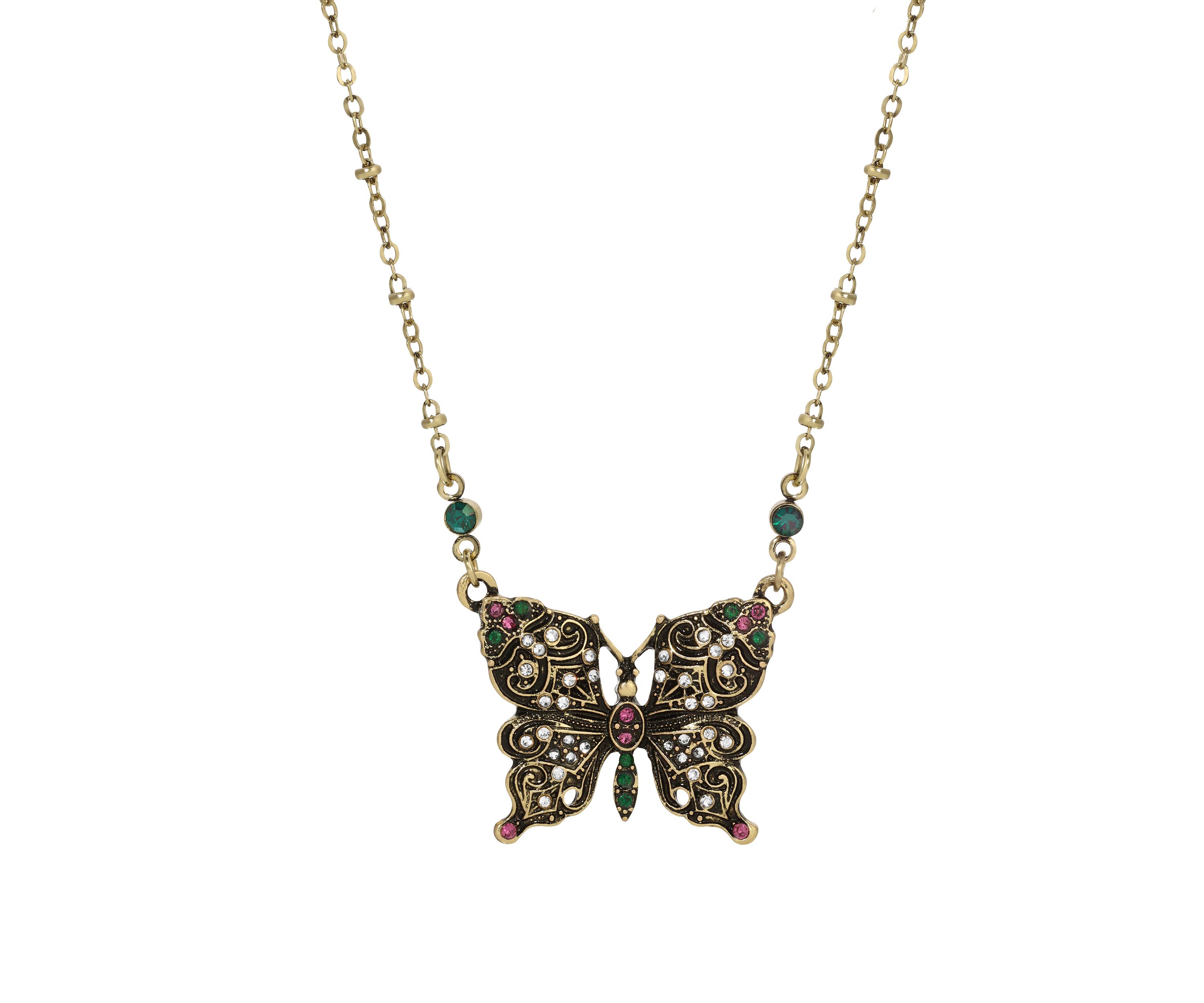 Gold-tone Pink Green Butterfly Necklace
