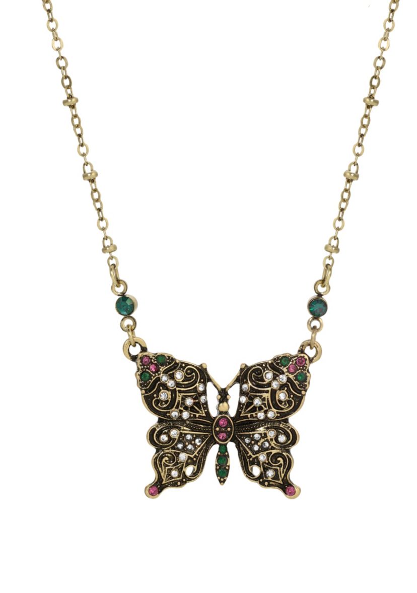 Gold-tone Pink Green Butterfly Necklace