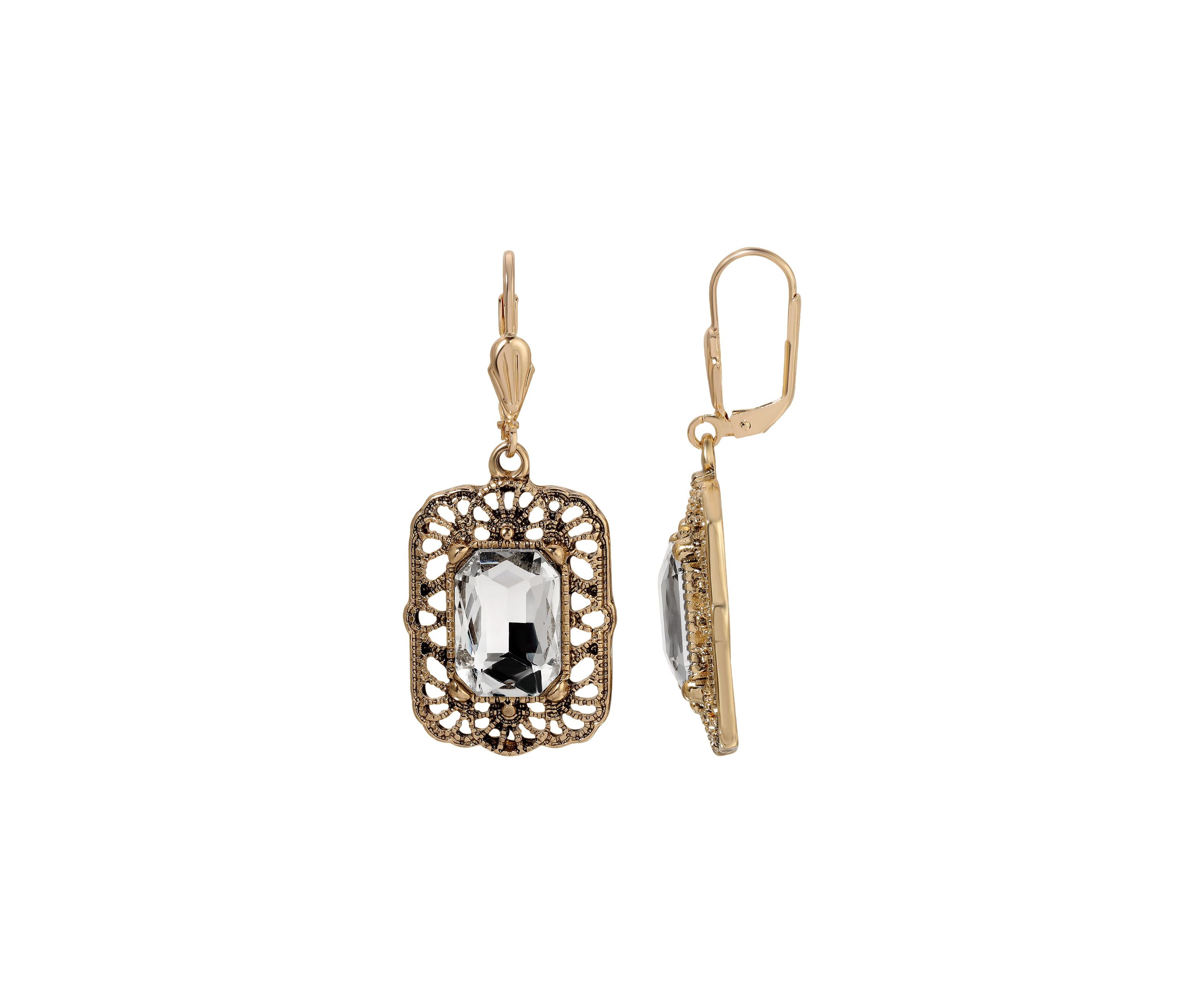 Gold-tone Crystal Octogon Leverback Earrings