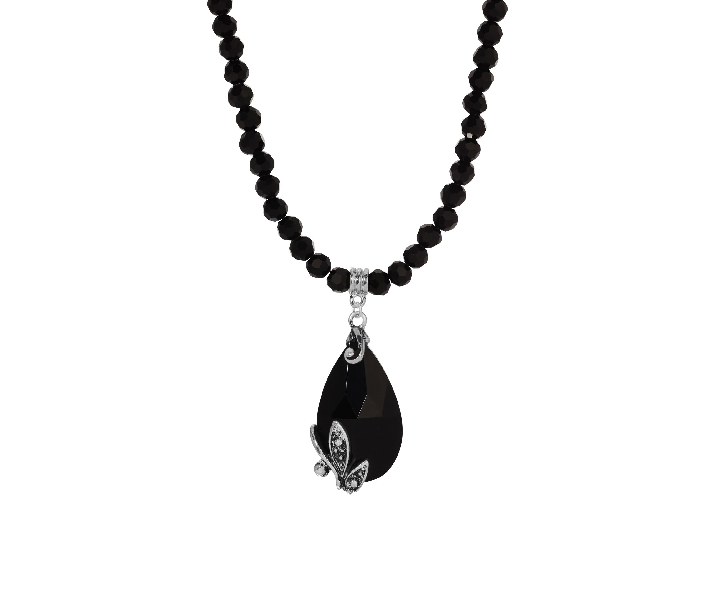 Silver Tone Jet Beaded  Teardrop  Necklace "15+3" ADJ