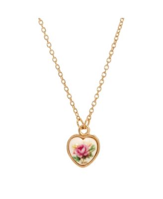 1928 Jewelry Gold Tone Flower Decal Heart Necklace 15" Adj, Pink, 15 in