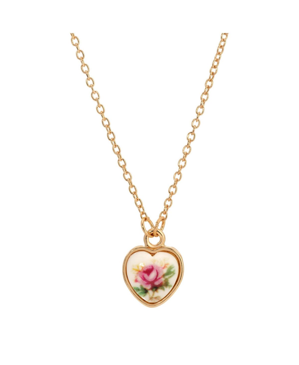 Gold Tone Flower Decal Heart Necklace 15" Adj.