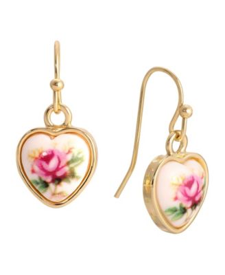 1928 Jewelry Gold Tone Flower Decal Heart Wire Earring, Pink, 15 in