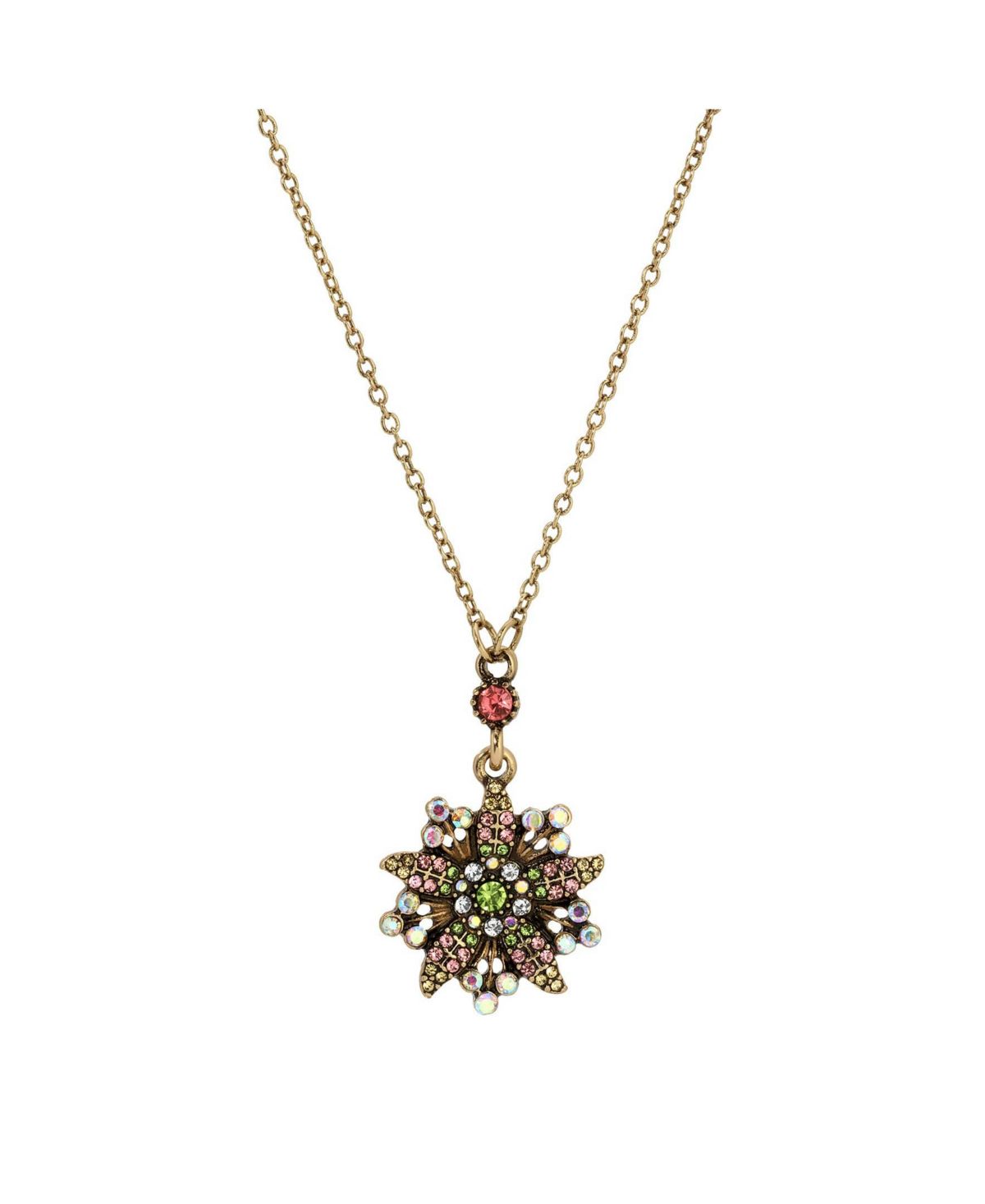 Gold Tone Multi Color Flower Drop Necklace 15" Adj.