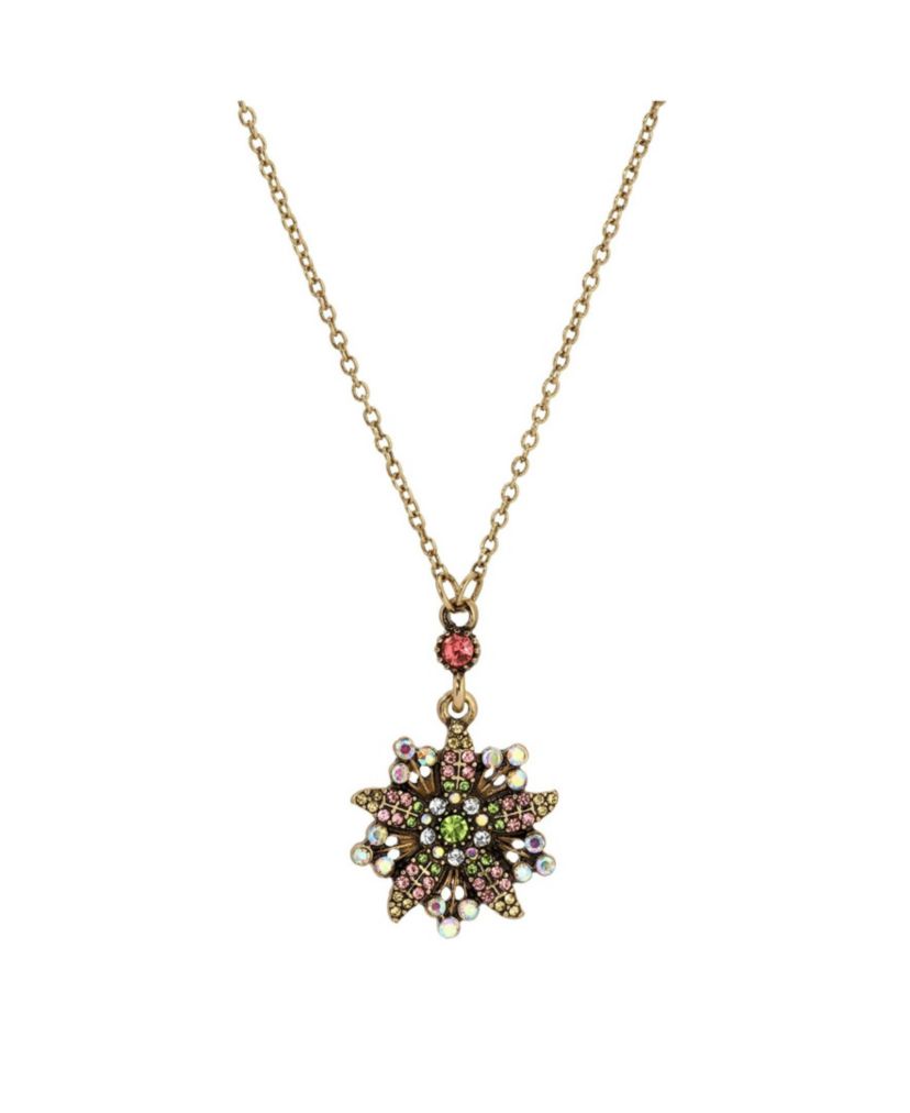 Gold Tone Multi Color Flower Drop Necklace 15" Adj.