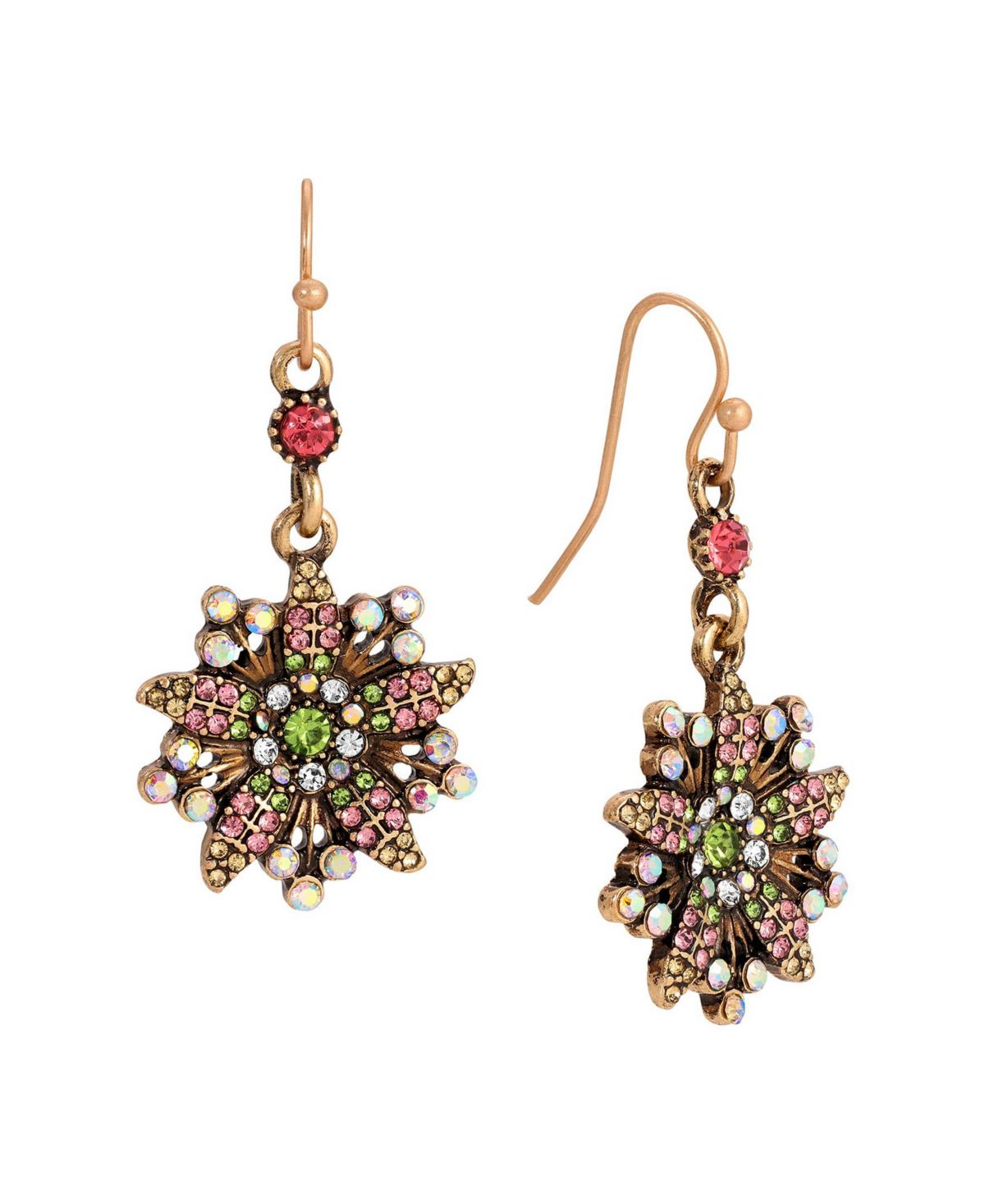 Gold Tone Multi Color Flower Drop Wire Earring