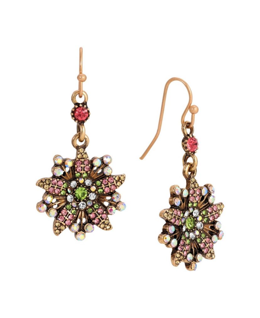 Gold Tone Multi Color Flower Drop Wire Earring