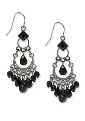 Hematite Tone with Black Bead Wire Earrings