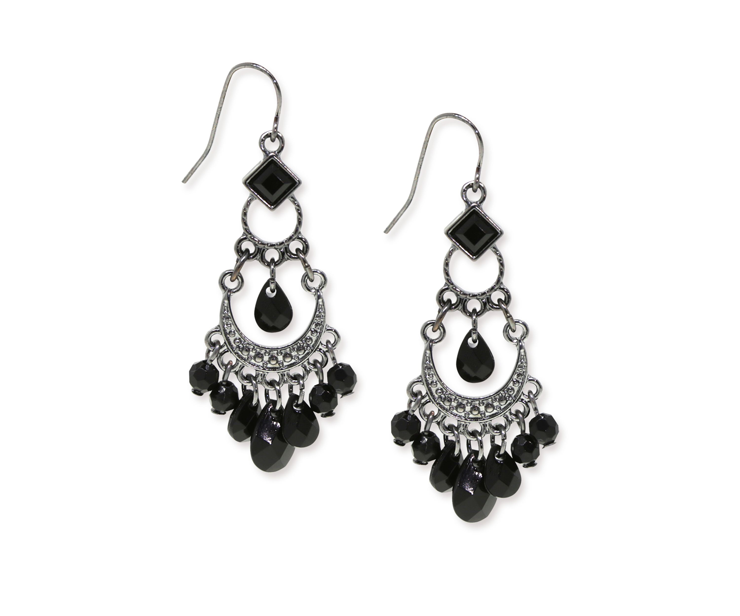 Hematite Tone with Black Bead Wire Earrings