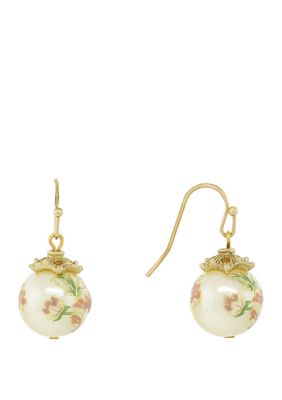 1928 Jewelry Gold Tone Floral Pearl Decal Wire Drop Earrings, White, 15 in