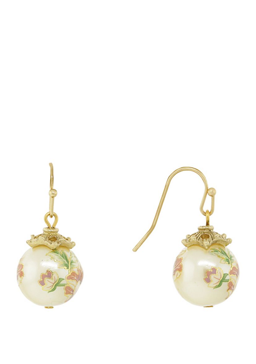 Gold Tone Floral Pearl Decal Wire Drop Earrings