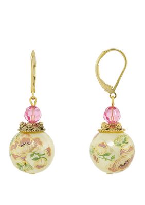 1928 Jewelry Gold Tone Flower Decal Pearl with Pink crystal Drop Earrings