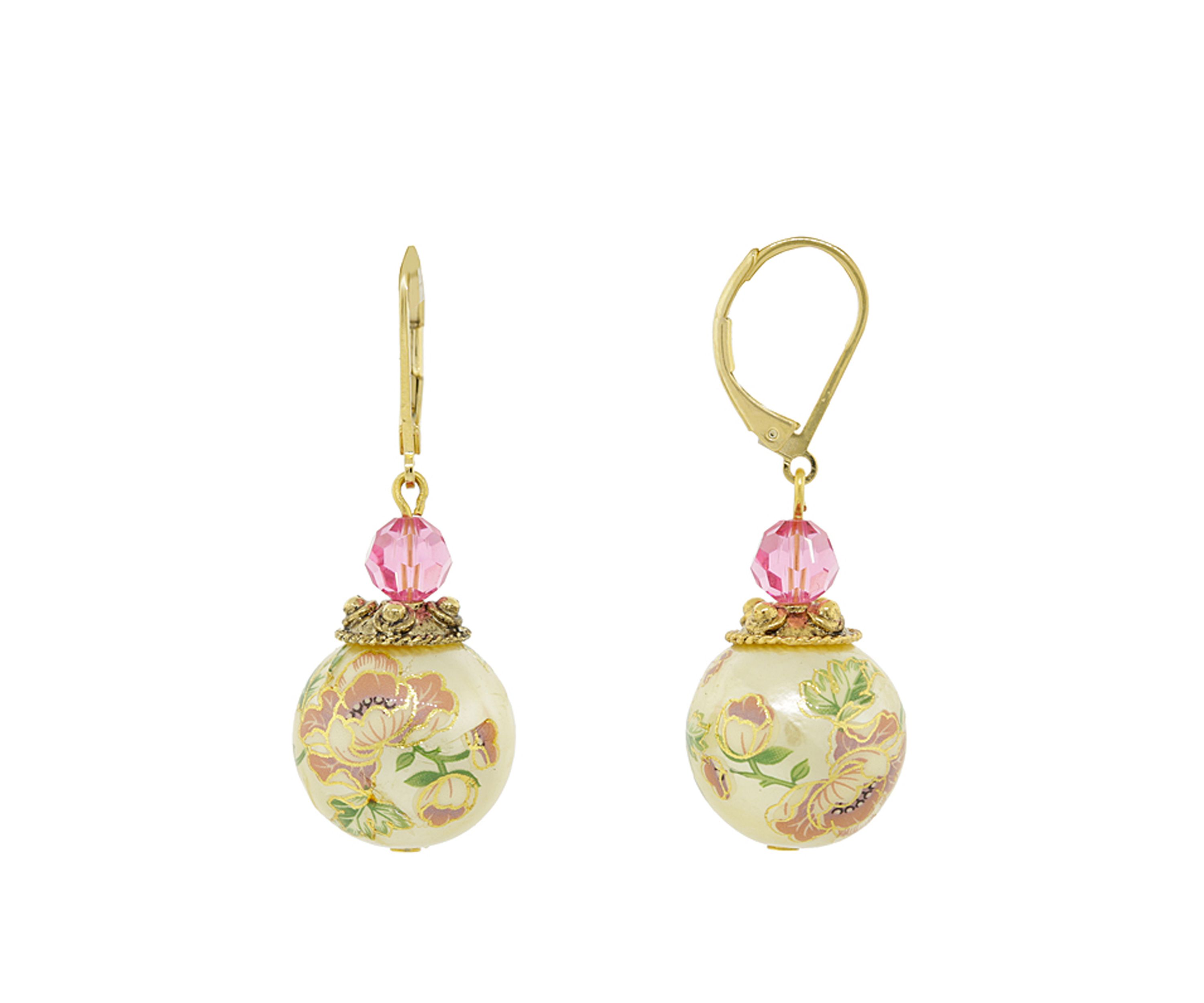 Gold Tone Flower Decal Pearl with Pink crystal Drop Earrings