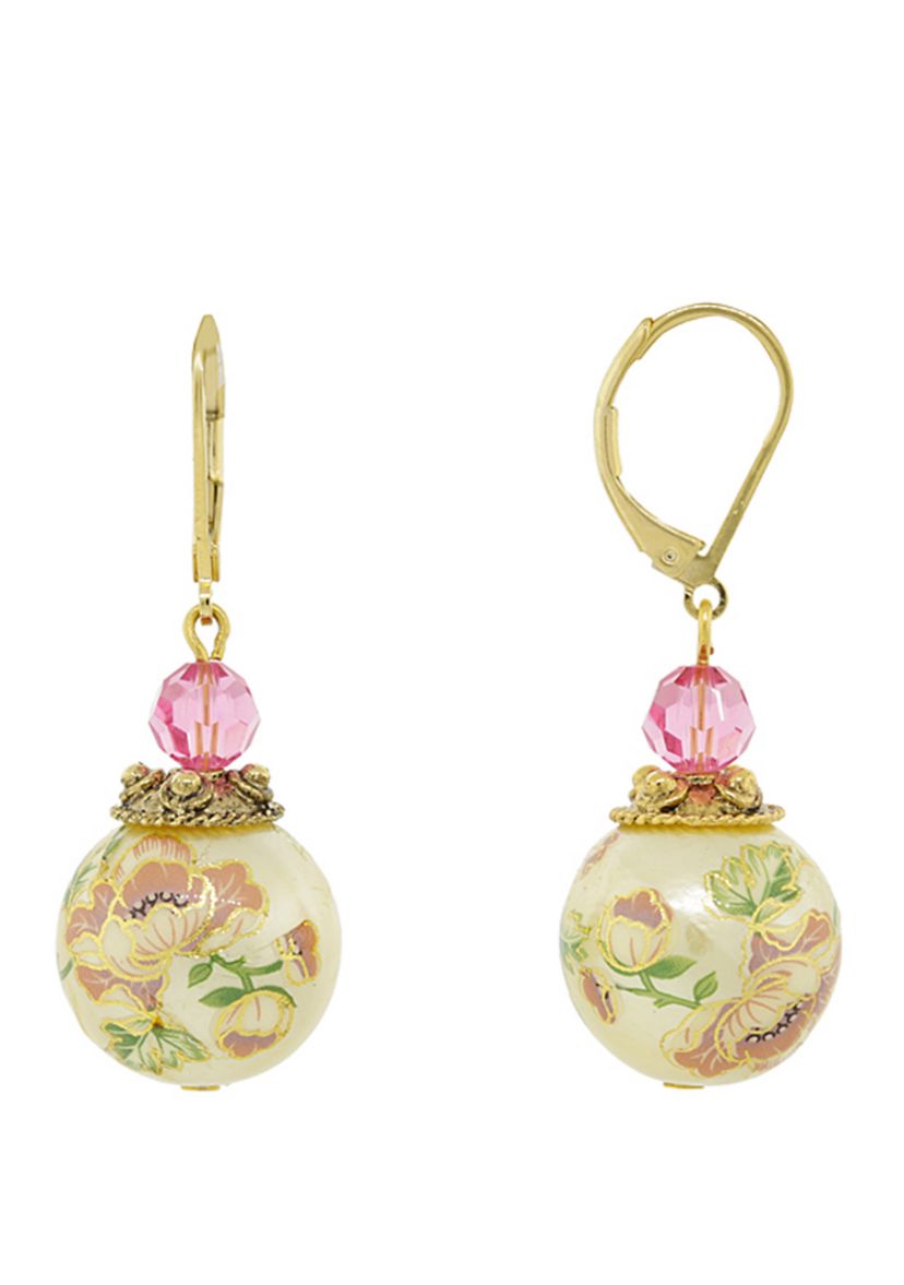 Gold Tone Flower Decal Pearl with Pink crystal Drop Earrings