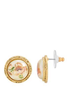 Gold Tone Flower Decal Pearl Round Button Earrings