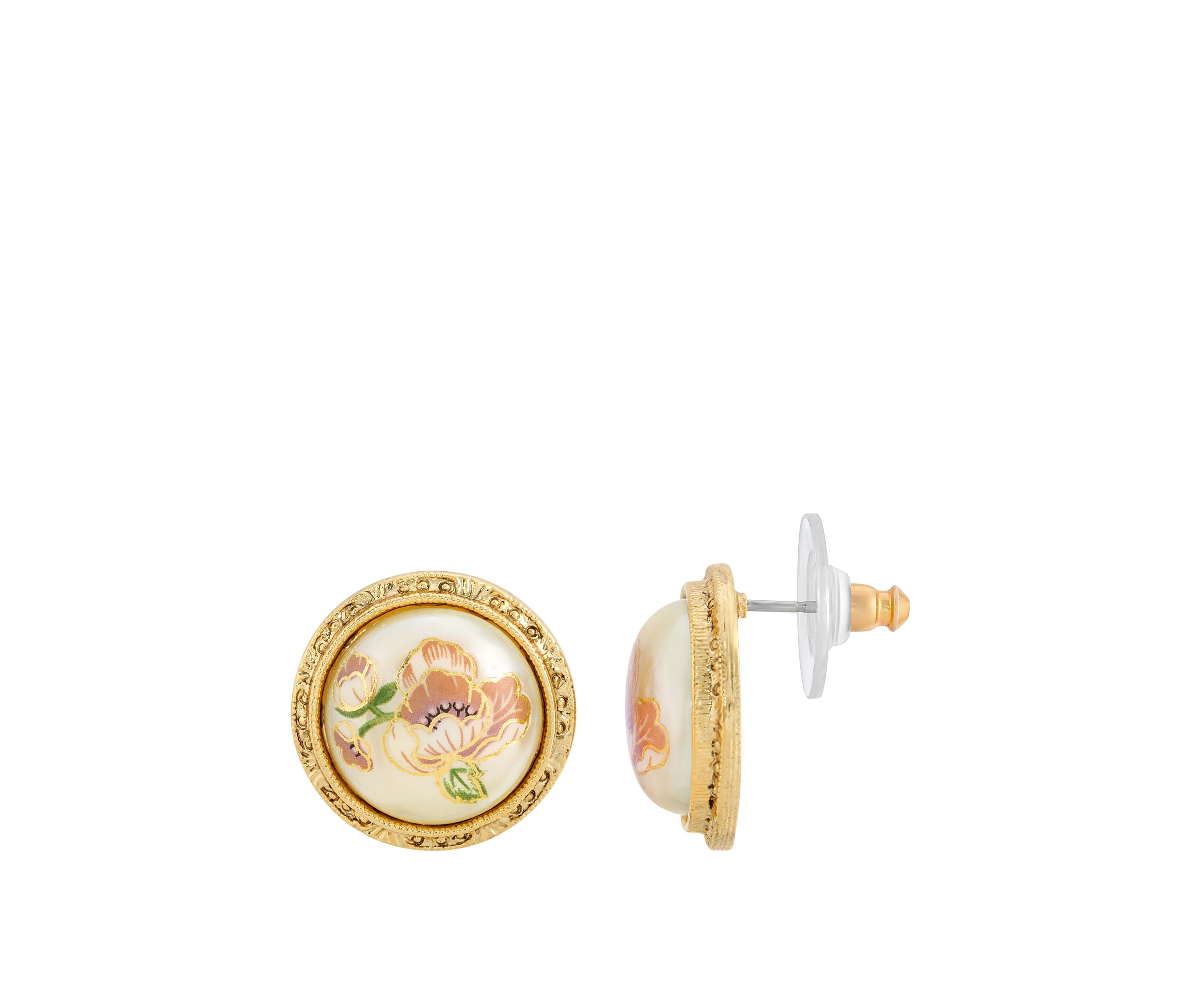 Gold Tone Flower Decal Pearl Round Button Earrings
