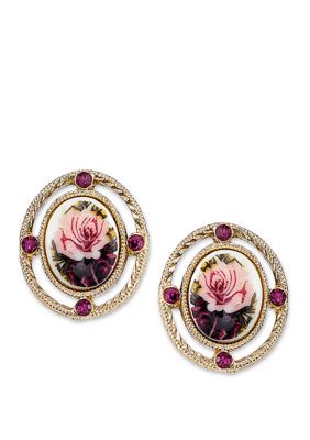 1928 Jewelry Gold Tone Purple and Ivory Color Floral Manor House Oval Button Earrings