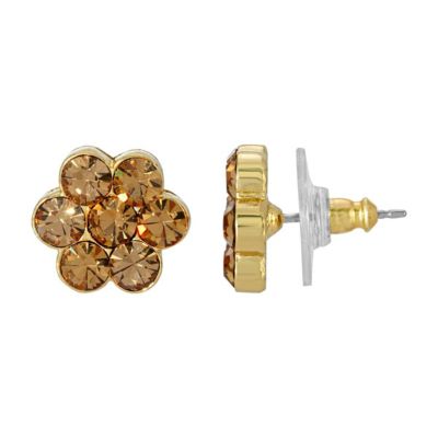Gold-Tone Light Brown Flower Button Earrings