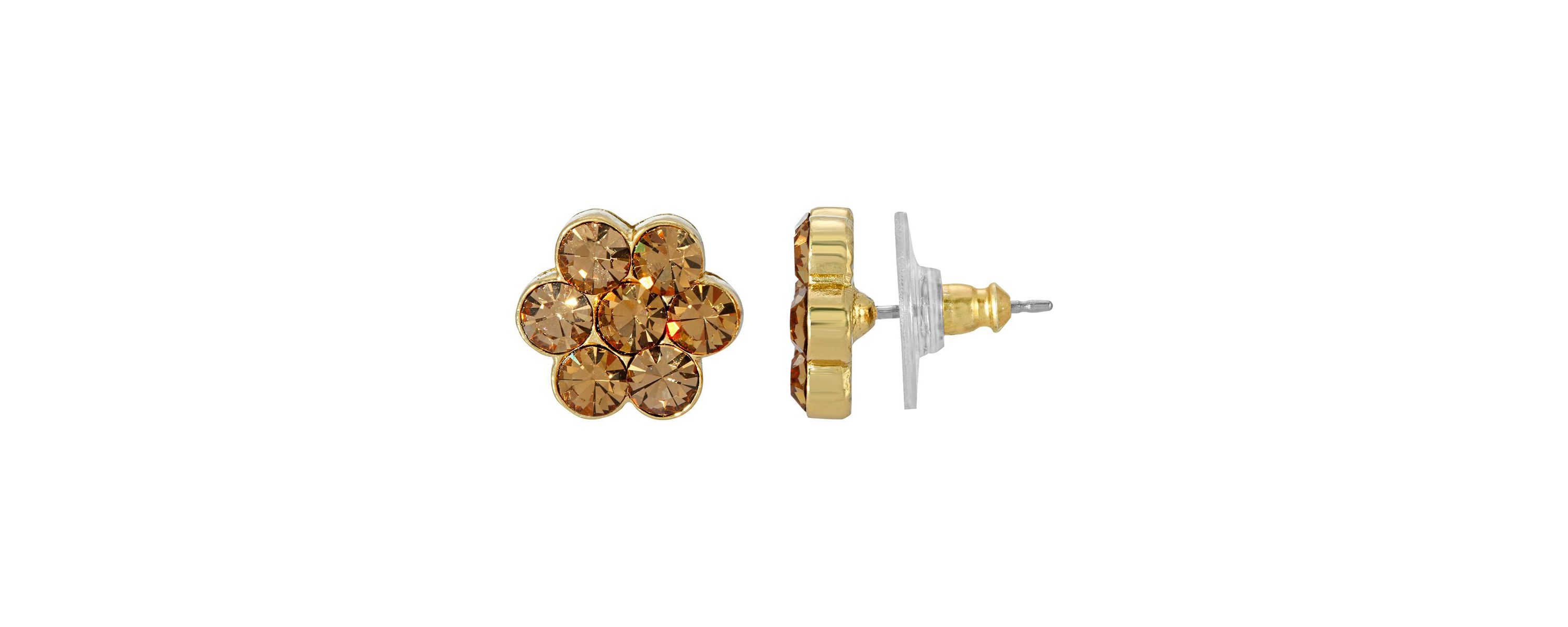 Gold-Tone Light Brown Flower Button Earrings
