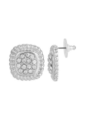 1928 Jewelry Silver-Tone Crystal Square Pave Button Earrings, White