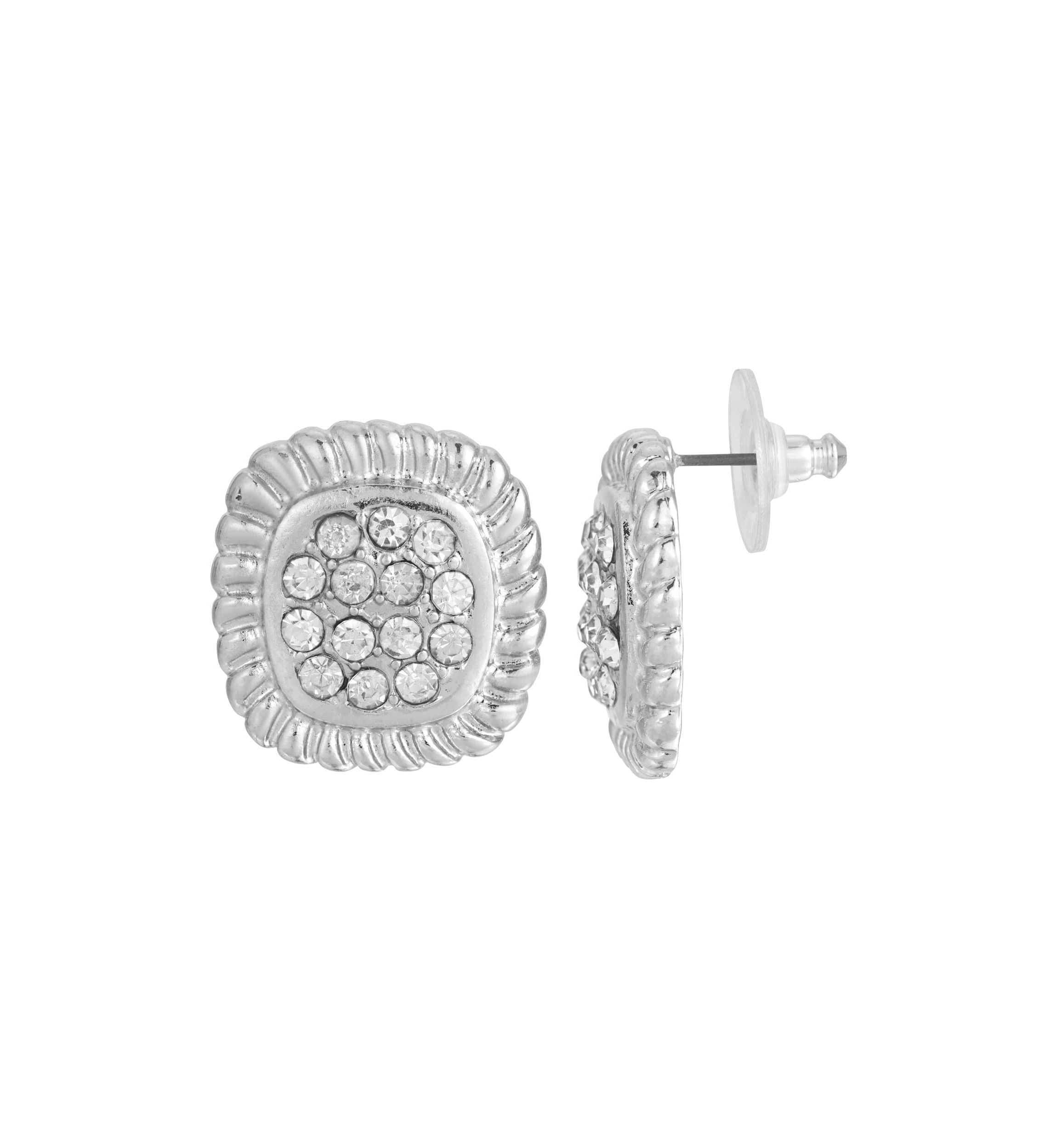 Silver-Tone Crystal Square Pave Button Earrings