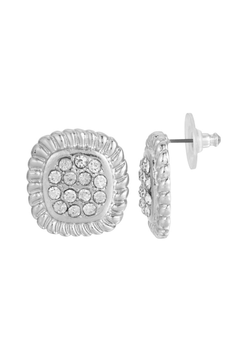 Silver-Tone Crystal Square Pave Button Earrings