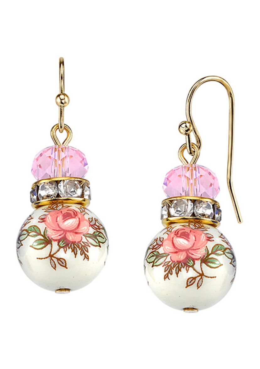  Gold Tone Light Rose Pink and Floral Beaded Drop Earrings
