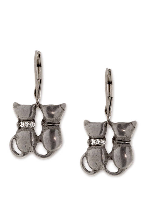 Silver Tone Crystal Double Cat Wire Earrings