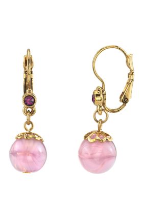 Gold Tone Round Amethyst Color Drop Earrings