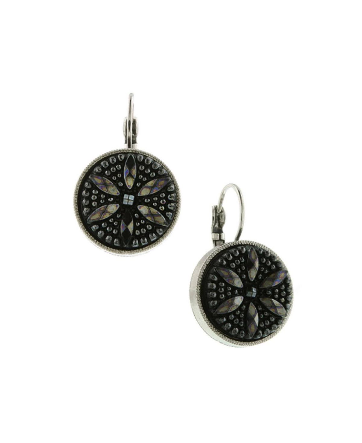 Silver-Tone Black Flower Stone Round Drop Earrings