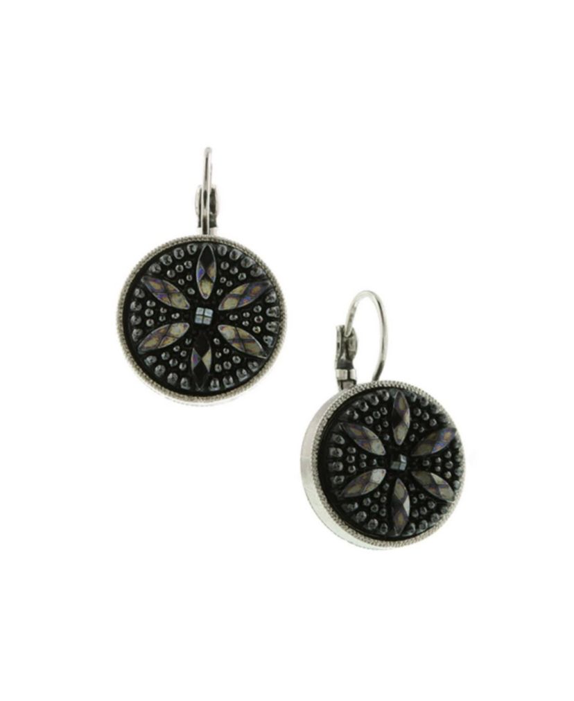 Silver-Tone Black Flower Stone Round Drop Earrings