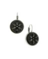 Silver-Tone Black Flower Stone Round Drop Earrings