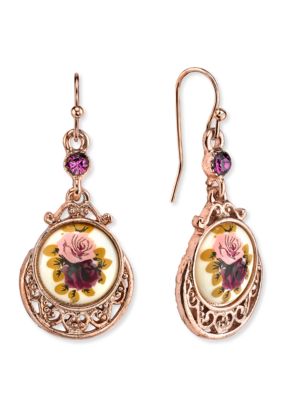 Rose Gold-Tone Purple Crystal Flower Drop Earrings