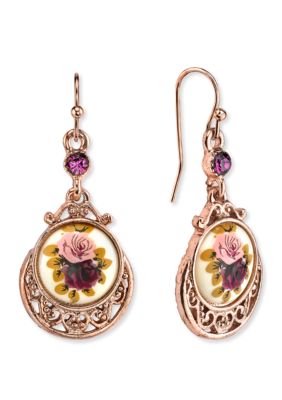 1928 Jewelry Rose Gold-Tone Purple Crystal Flower Drop Earrings