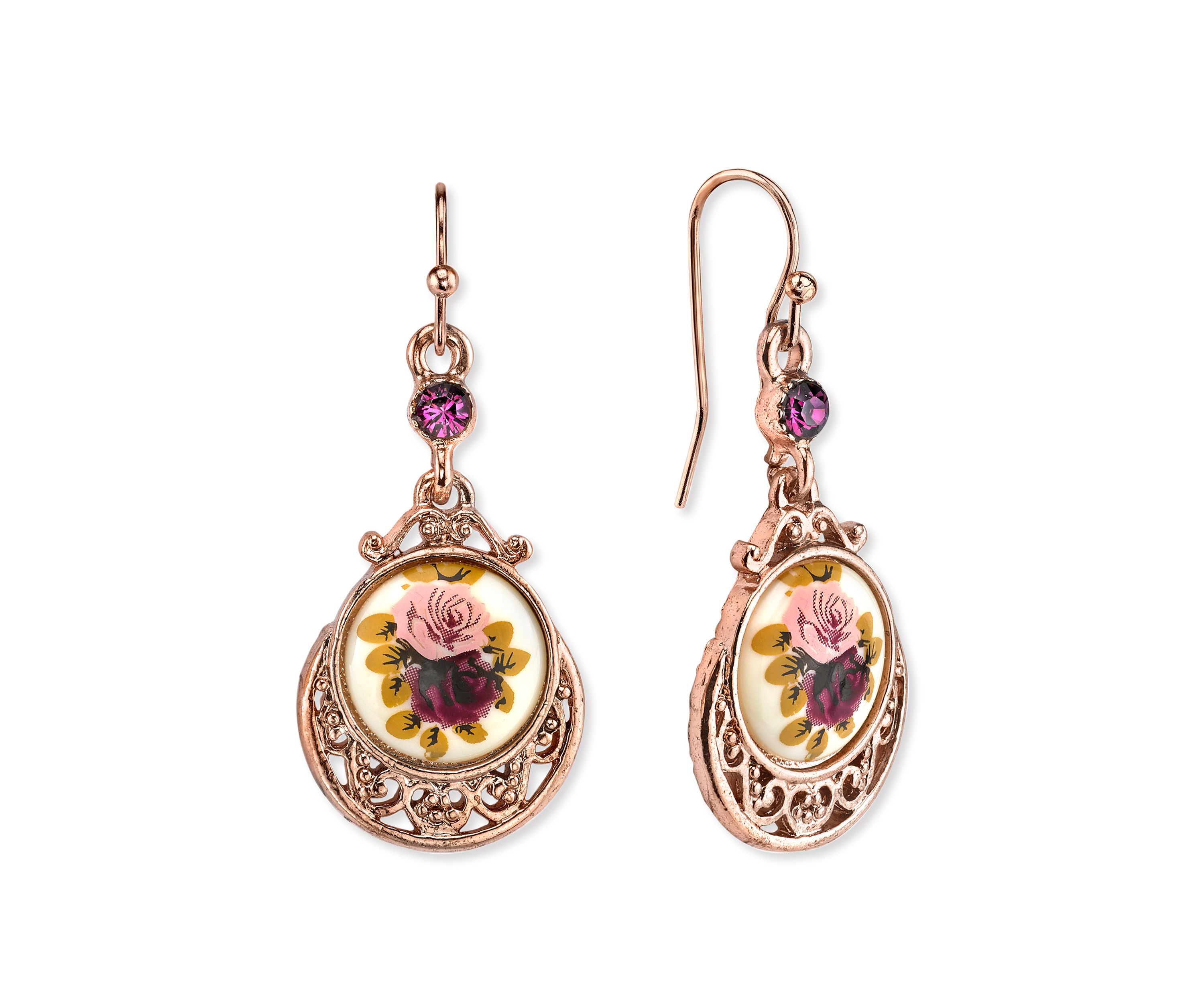 Rose Gold-Tone Purple Crystal Flower Drop Earrings