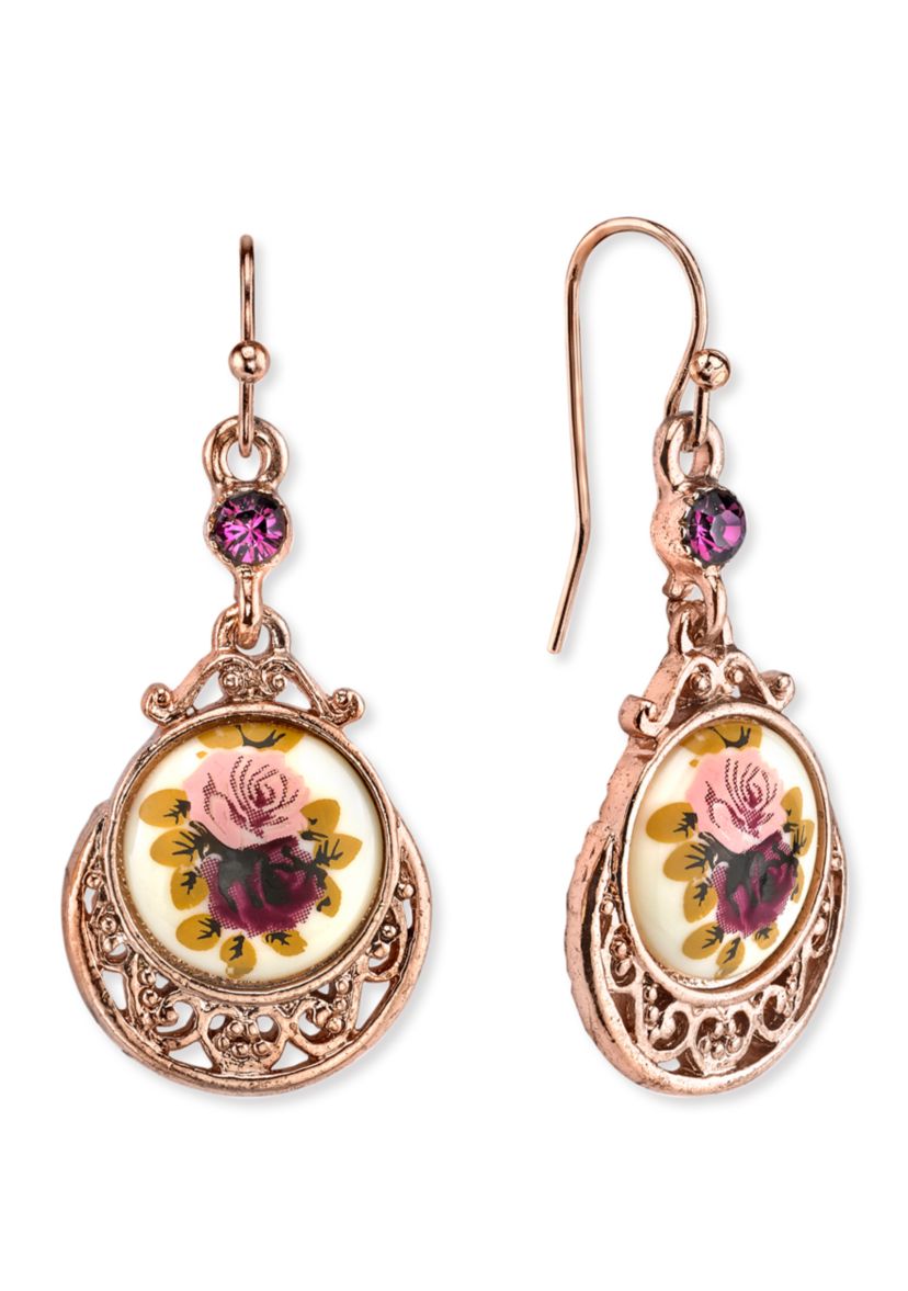 Rose Gold-Tone Purple Crystal Flower Drop Earrings