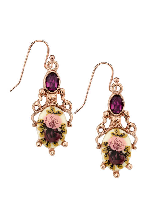 Rose Gold Tone Purple Crystal Flower Drop Earrings