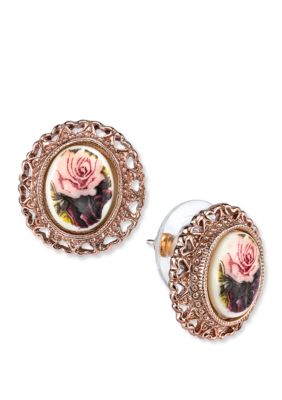 Rose Gold-Tone Purple Flower Button Earrings