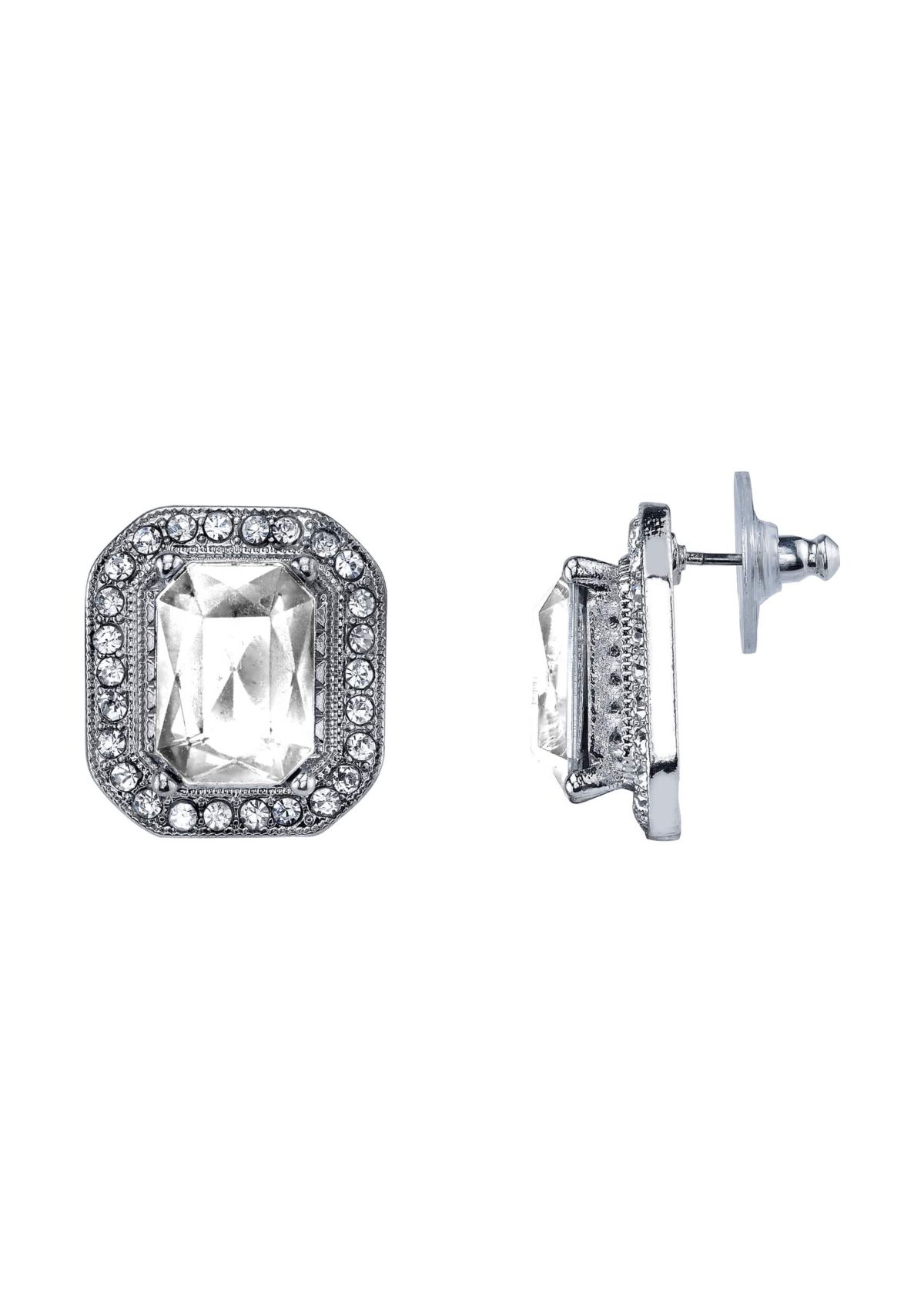 Silver-Tone Crystal Octagon Button Earrings