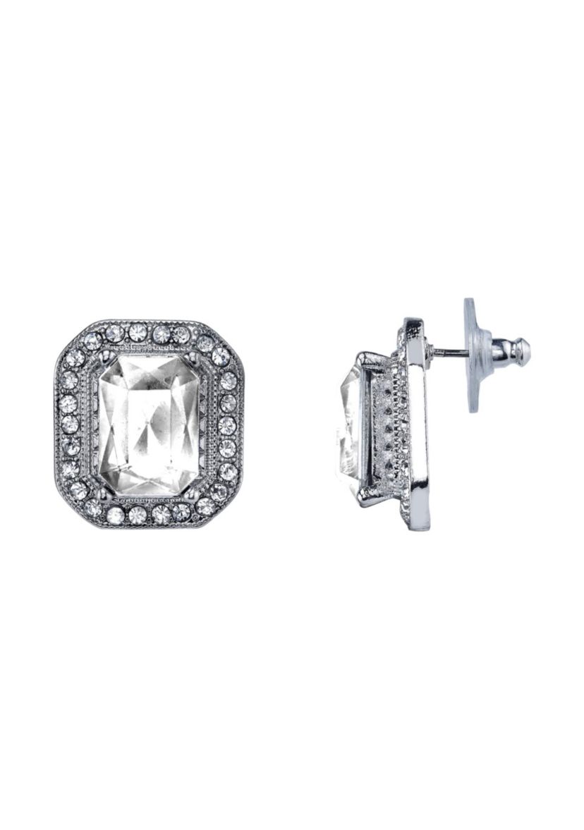 Silver-Tone Crystal Octagon Button Earrings