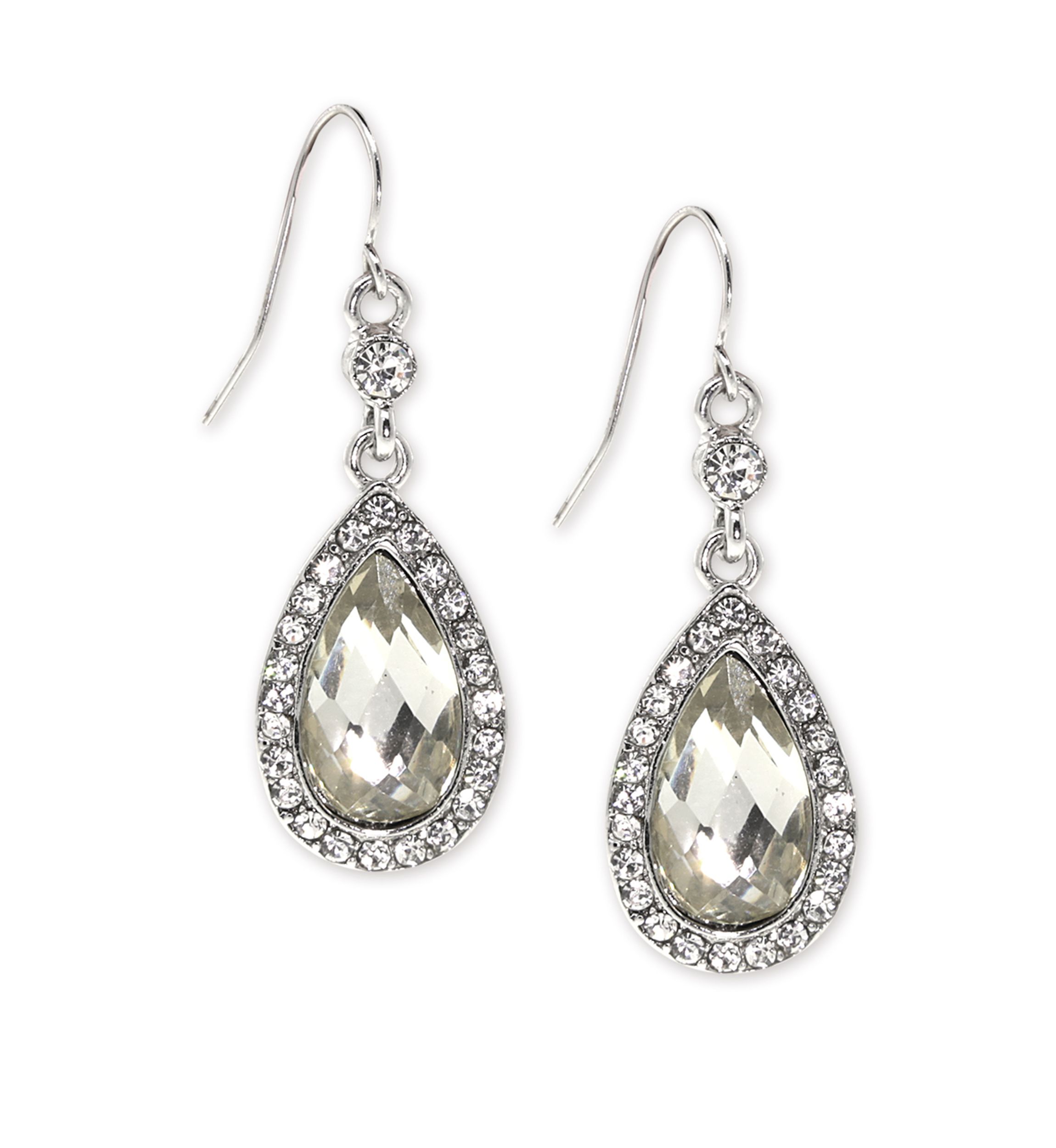 Silver Tone Crystal Faceted Pearshape Drop Earrings