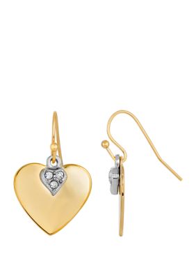 1928 Jewelry 14k Gold-Dipped and Clear Crystal Heart Earrings, White