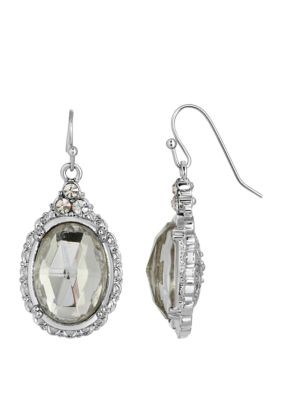 Silver Tone Crystal Oval Drop Earrings