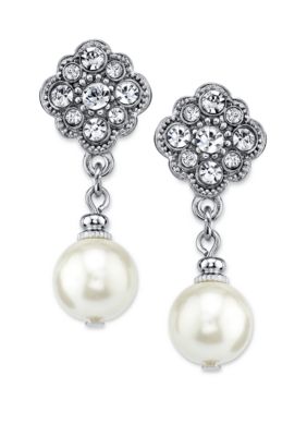 Silver-Tone Crystal and Simulated Pearl Drop Earrings