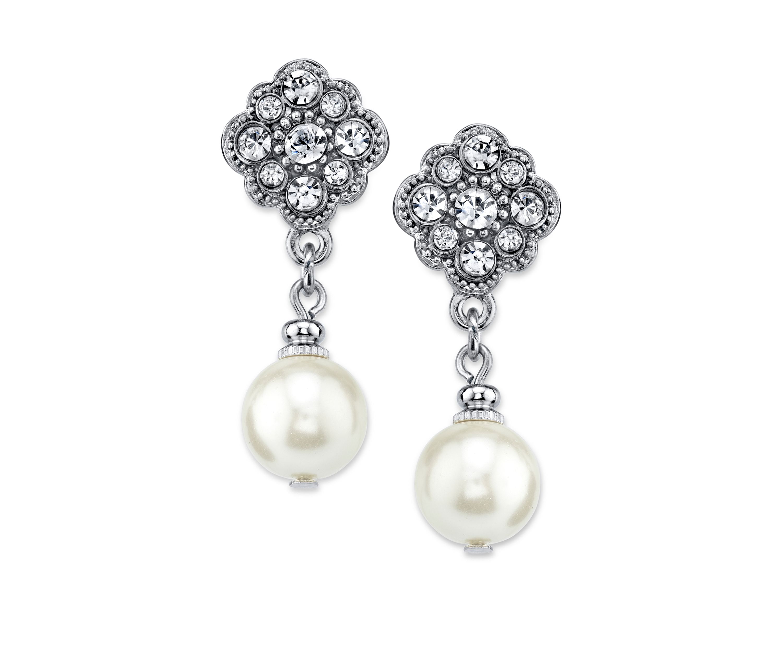 Silver-Tone Crystal and Simulated Pearl Drop Earrings