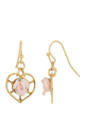 14k Gold Dipped Heart Porcelain Rose Earrings