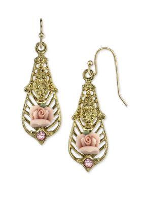 Gold-Tone Purple Crystal Bead Flower Drop Earrings